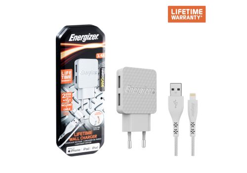 Sạc Energizer LW  3.4A 2USB kèm cáp Lightning màu trắng - AC2CEULLIM